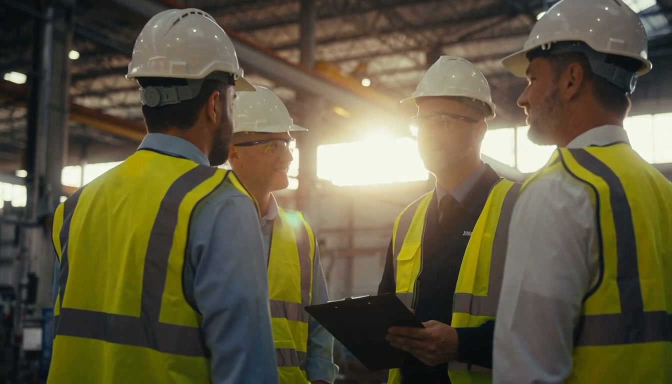 Worksite team wearing hard hats and safety vests, from the homepage benefits video reel