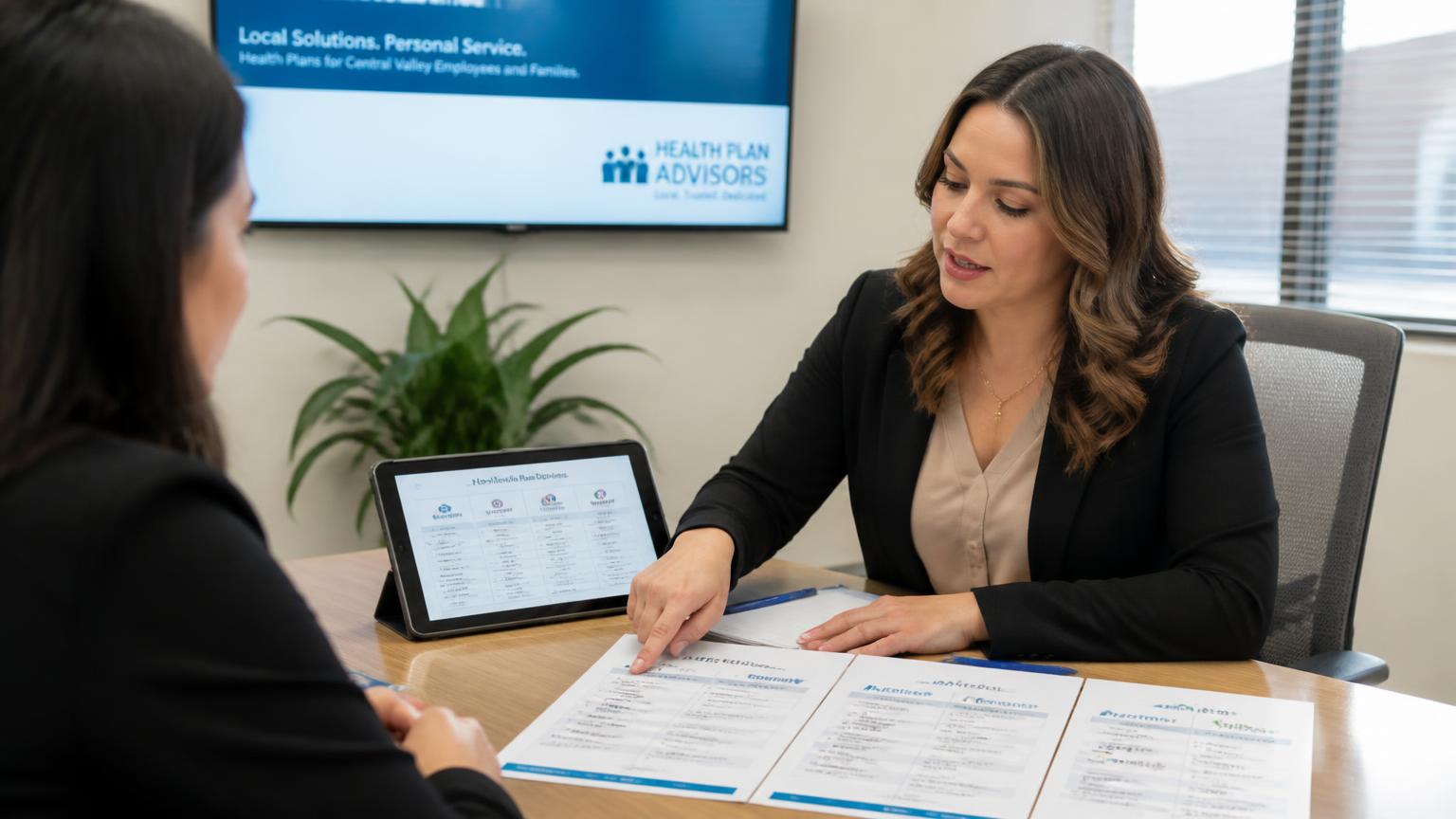 Benefits advisor comparing California health insurance carrier plan options side by side for a small business client