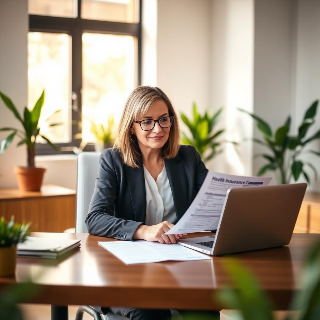 California small business owner reviewing group health insurance paperwork at her desk