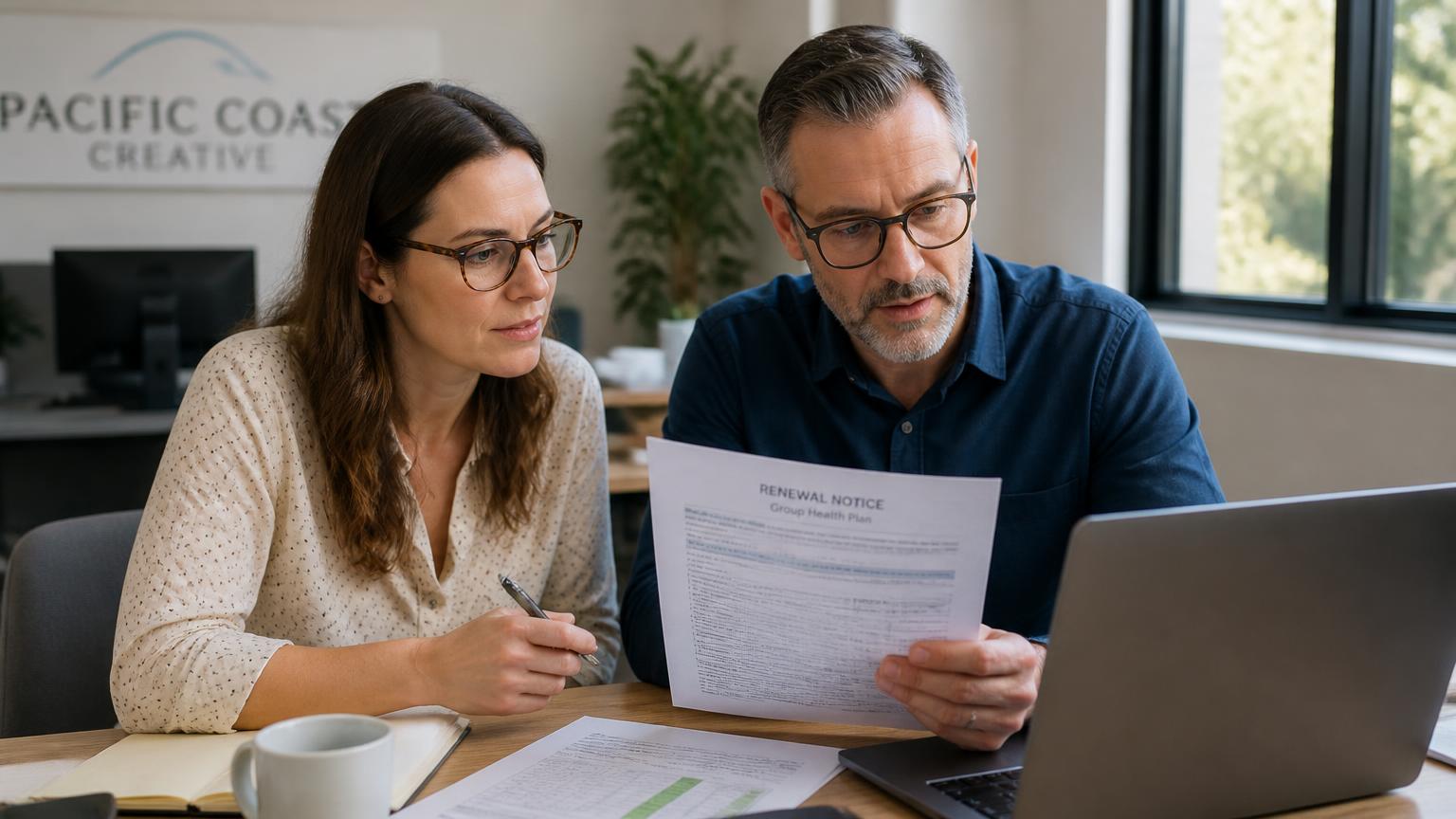 California small business owner and office manager reviewing a group health insurance renewal notice and cost spreadsheet