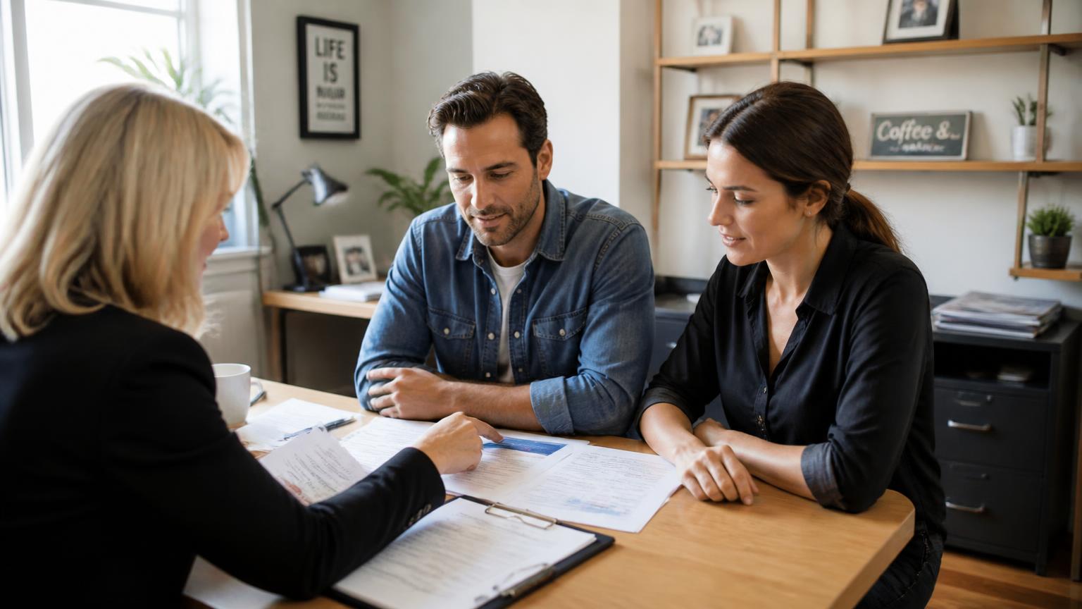 California small business owners reviewing an employee benefits package with their insurance broker