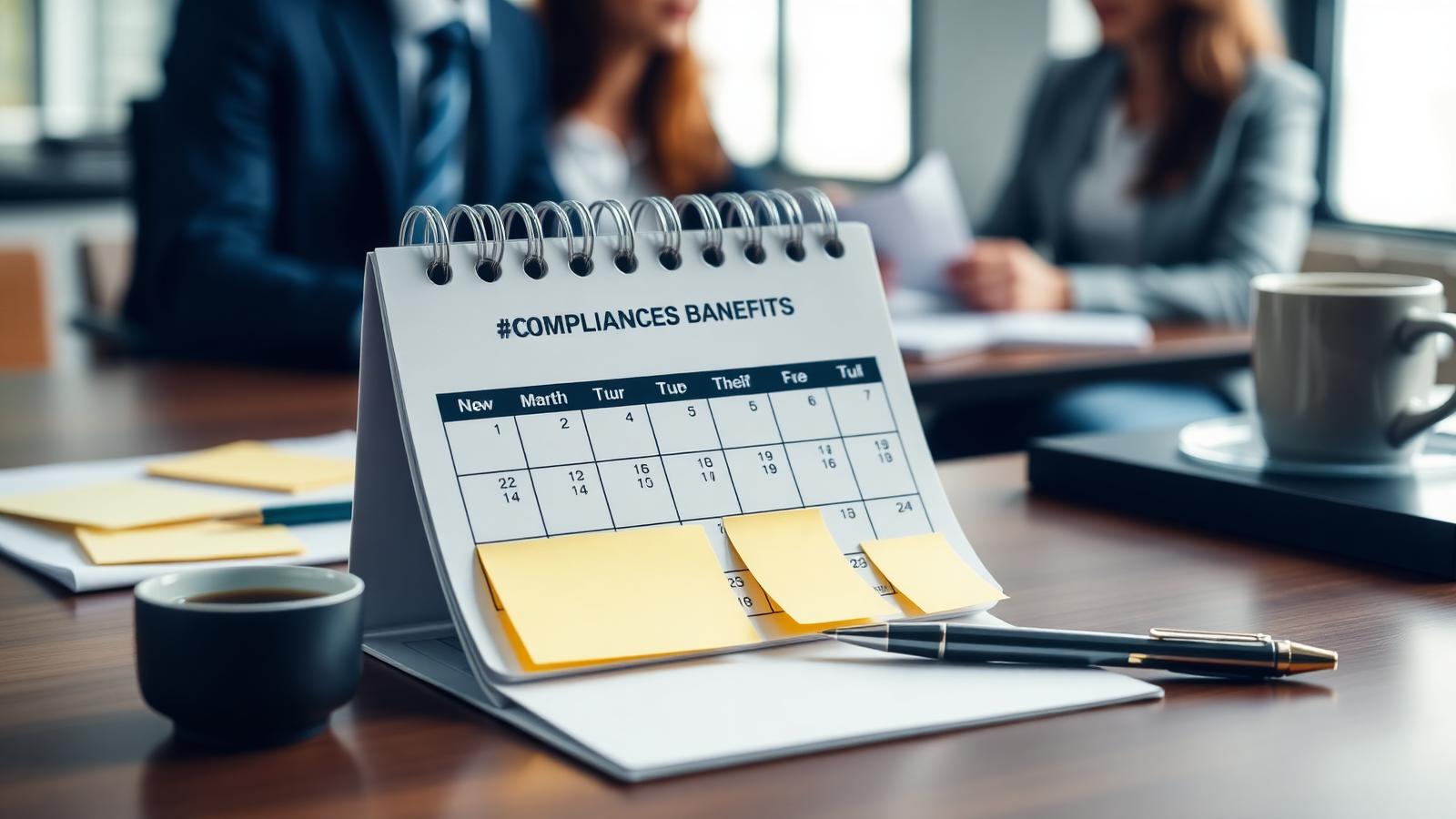 Printed annual employee benefits compliance calendar on a desk during a California employer planning meeting
