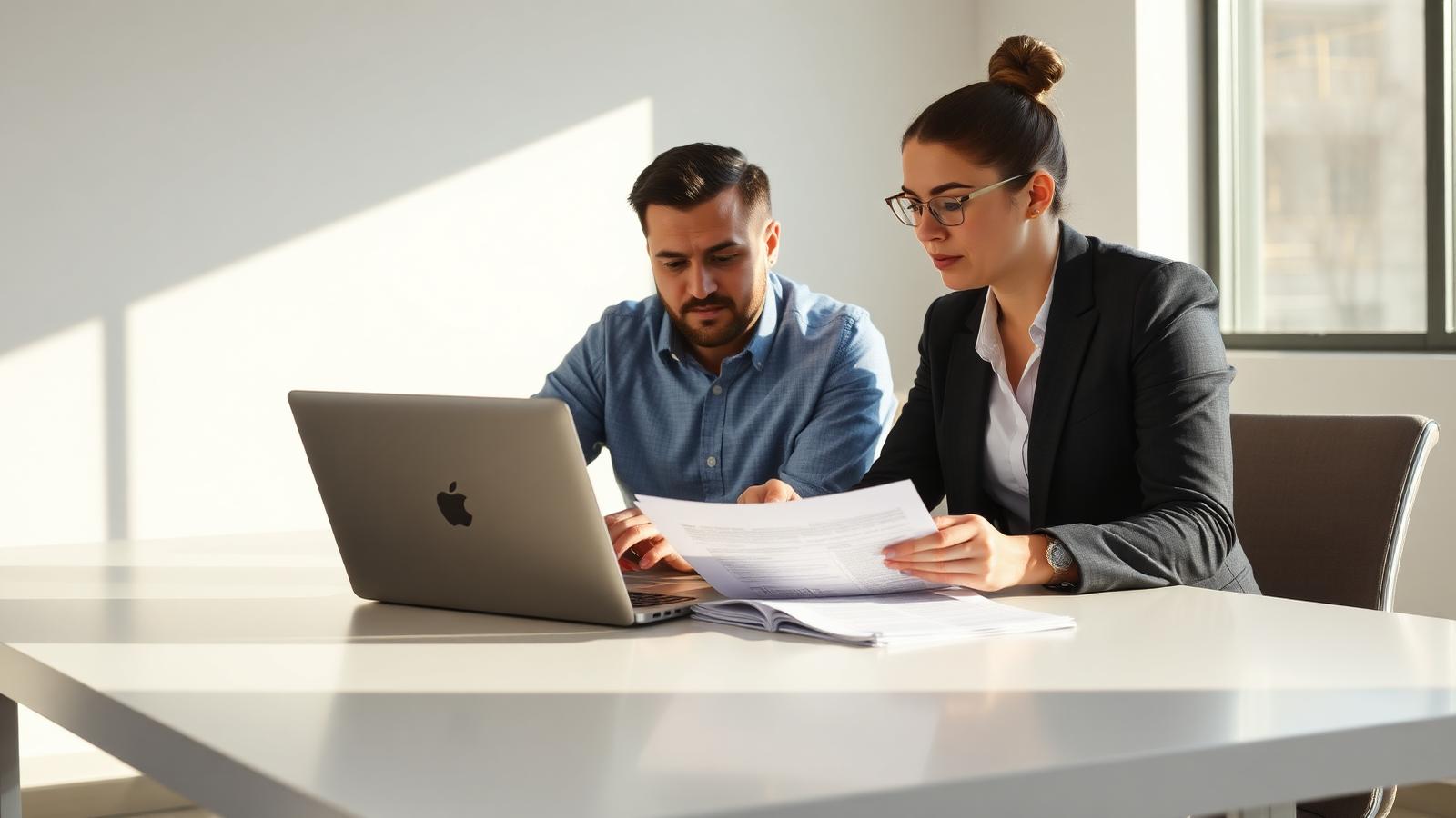 California employer and HR manager reviewing ACA compliance paperwork and 1095-C forms at an office table