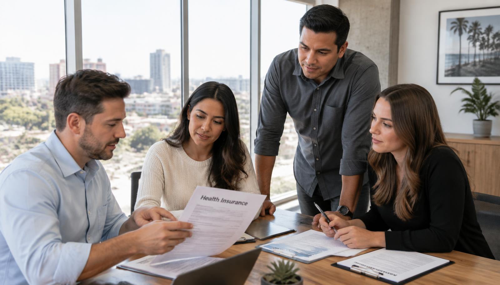 Team discussing small business health insurance in California and employee benefits.