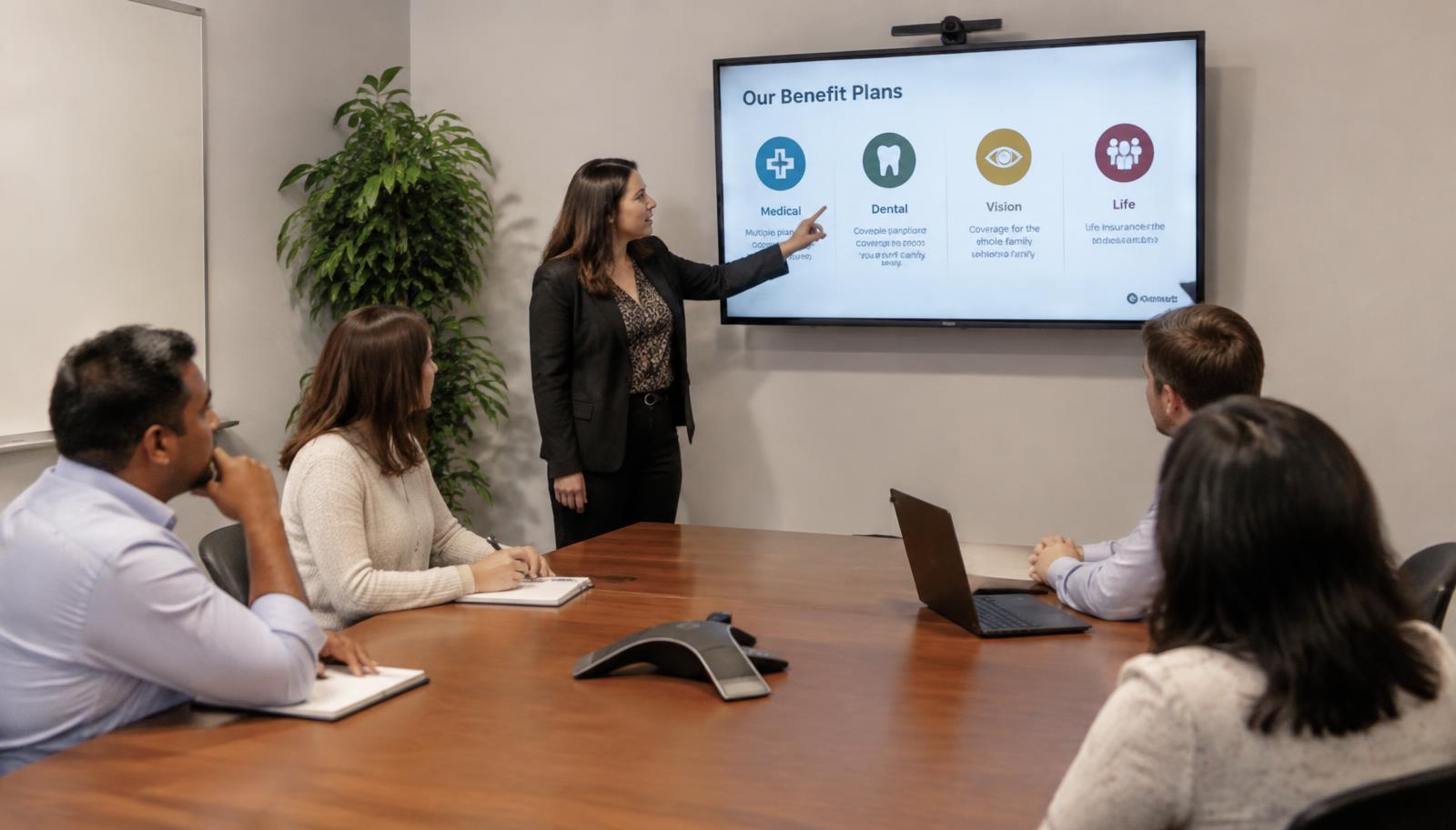 Employees discussing group health insurance for small business in California during a benefits meeting.