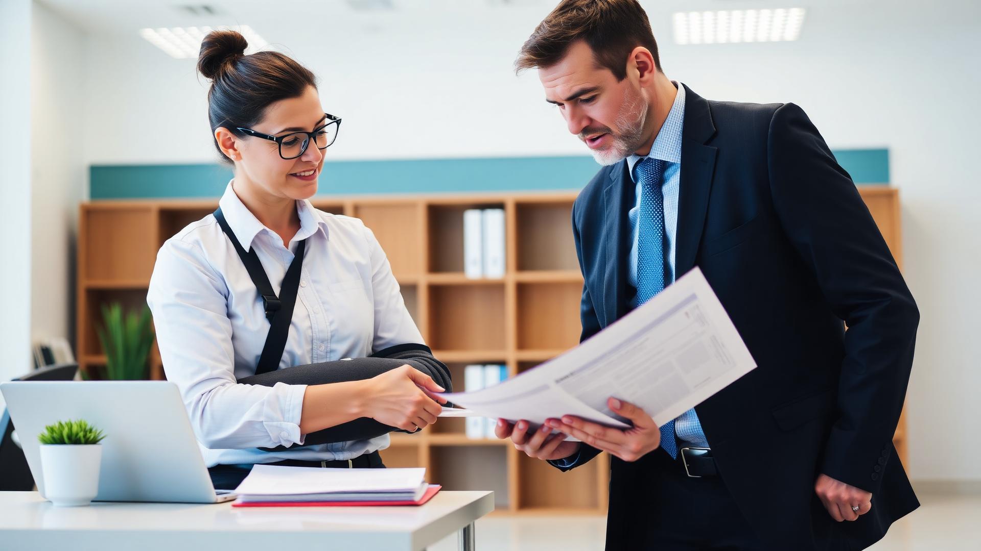 Injured employee reviewing California short term disability insurance claim paperwork with an HR manager