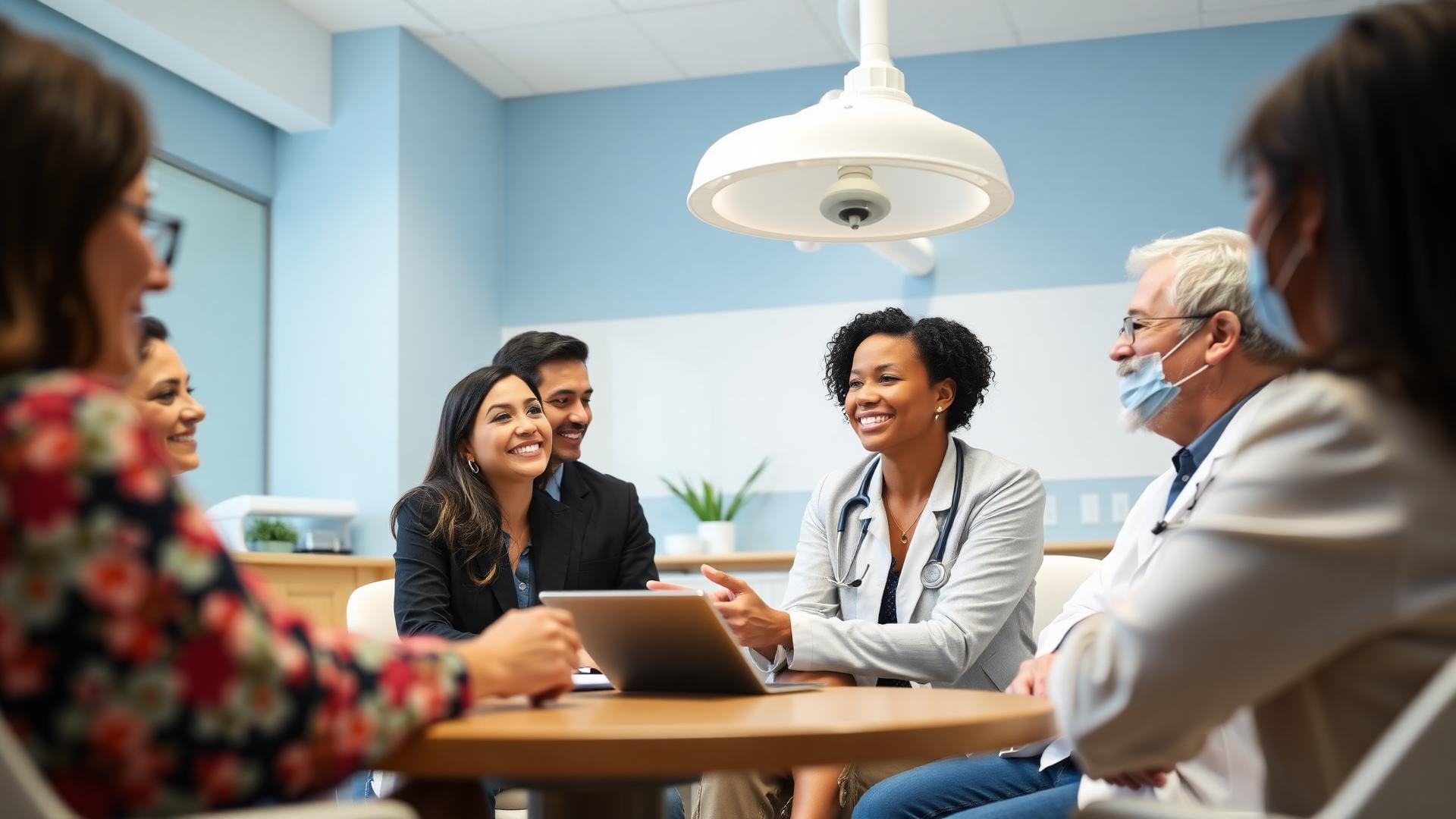 California employees reviewing group medical and dental insurance options with a doctor in a clinic