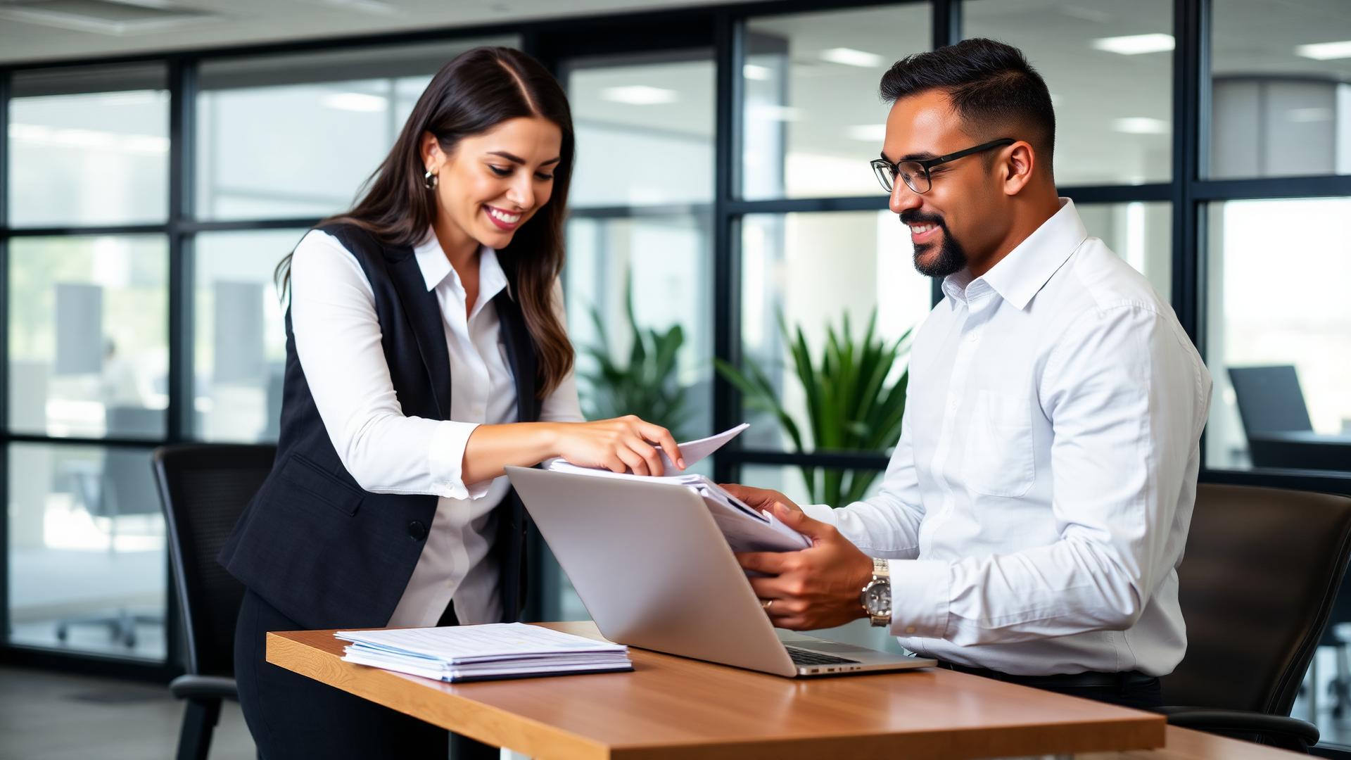 Fresno business owner reviewing payroll and compliance reports with a benefits advisor