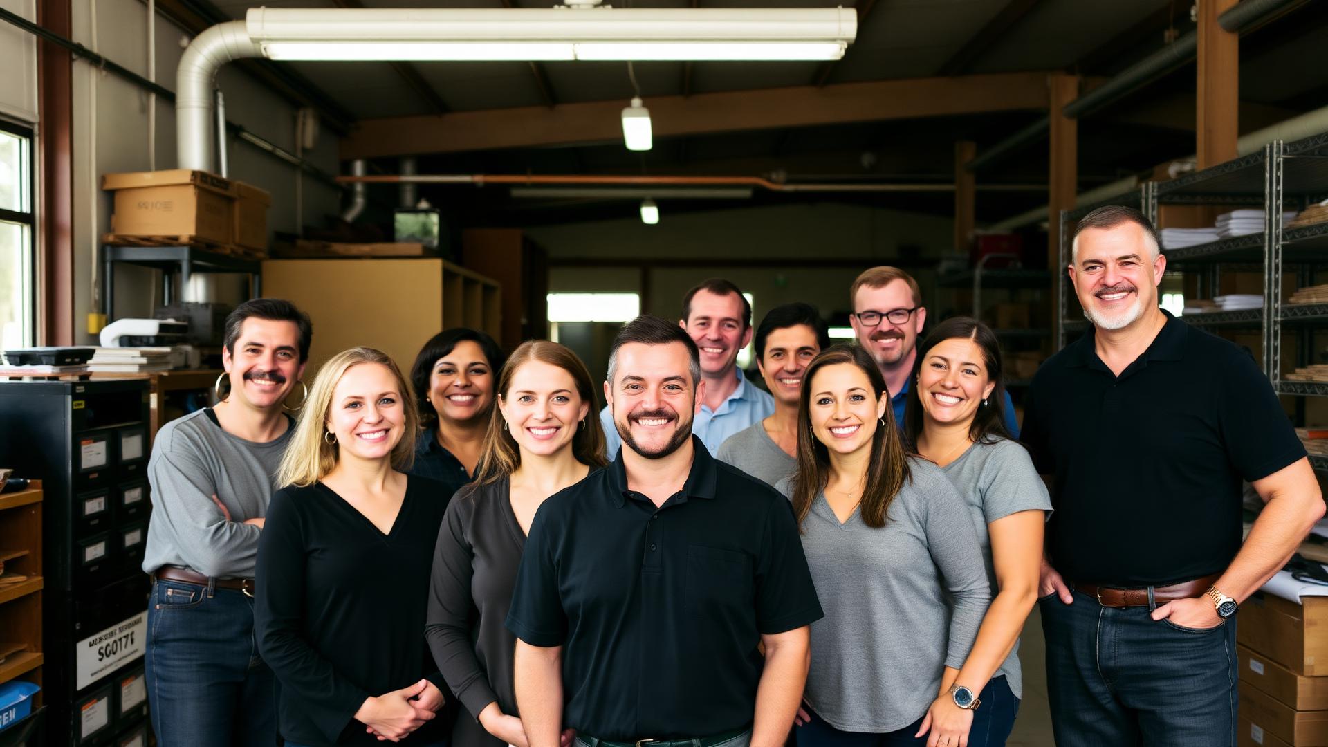 Small business team in a California workshop covered by group health insurance