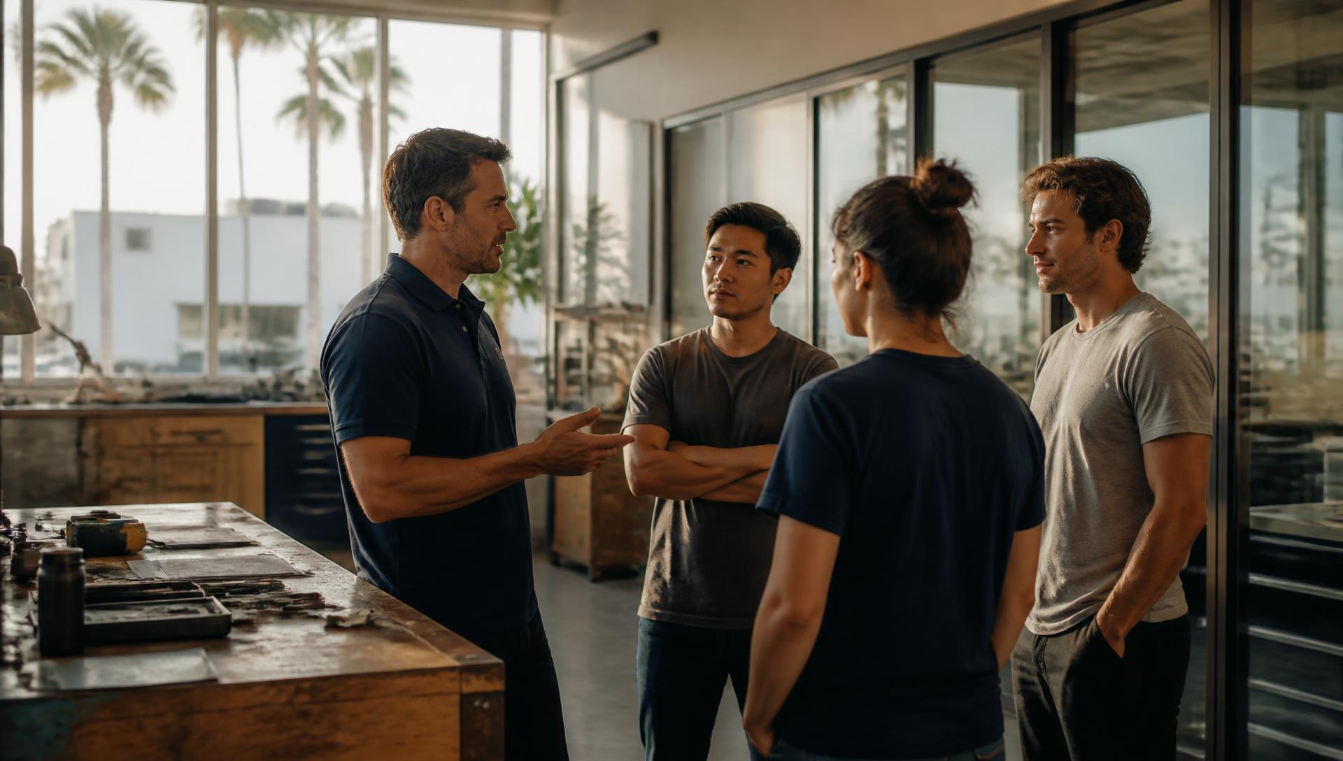 Small business owner reviewing California group health insurance options with employees